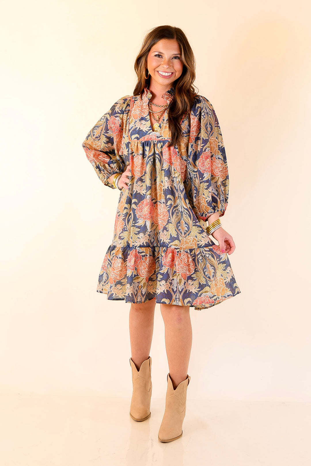 Blooming Days Ahead Floral Print V Neck Dress with Ruffle Trim Collar in Navy Mix