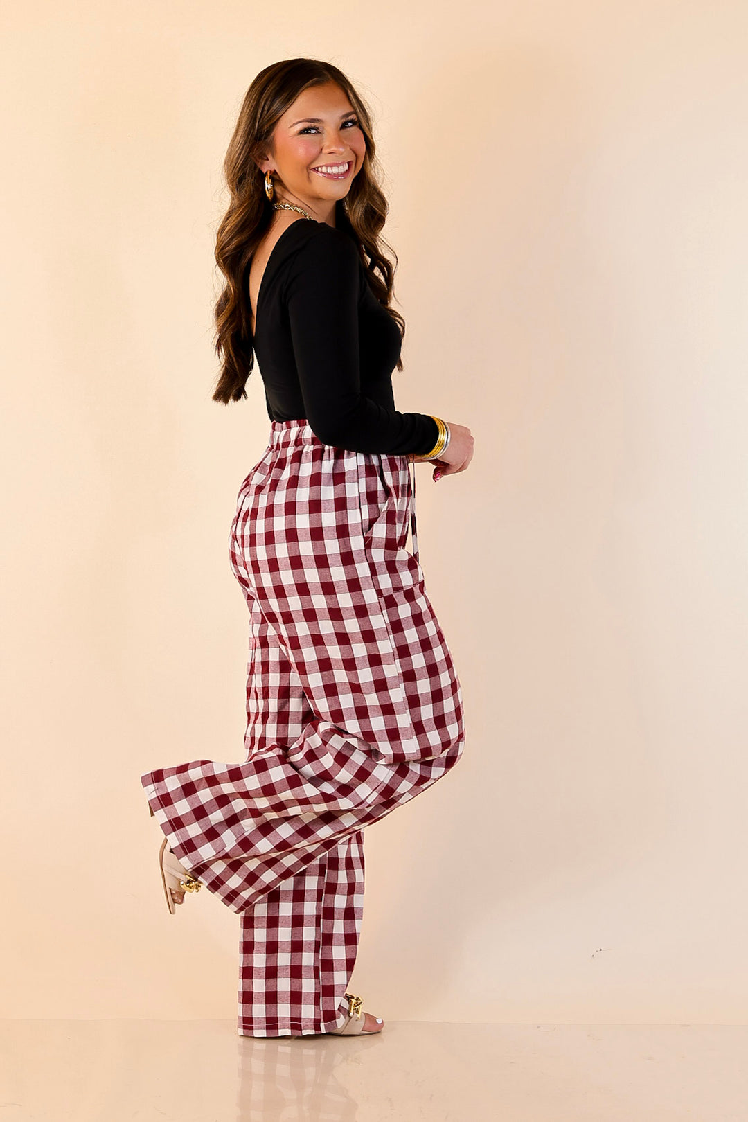 Pairs Well with Others Gingham Print Drawstring Pants with Elastic Waistband in Ivory and Maroon