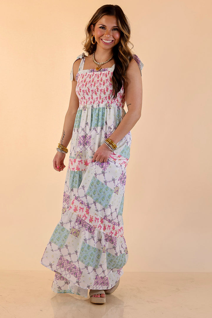 Simply Southern | Spring Symphony Patchwork Print Smocked Maxi Dress with Shoulder Ties and Tiered Skirt in Multi Floral