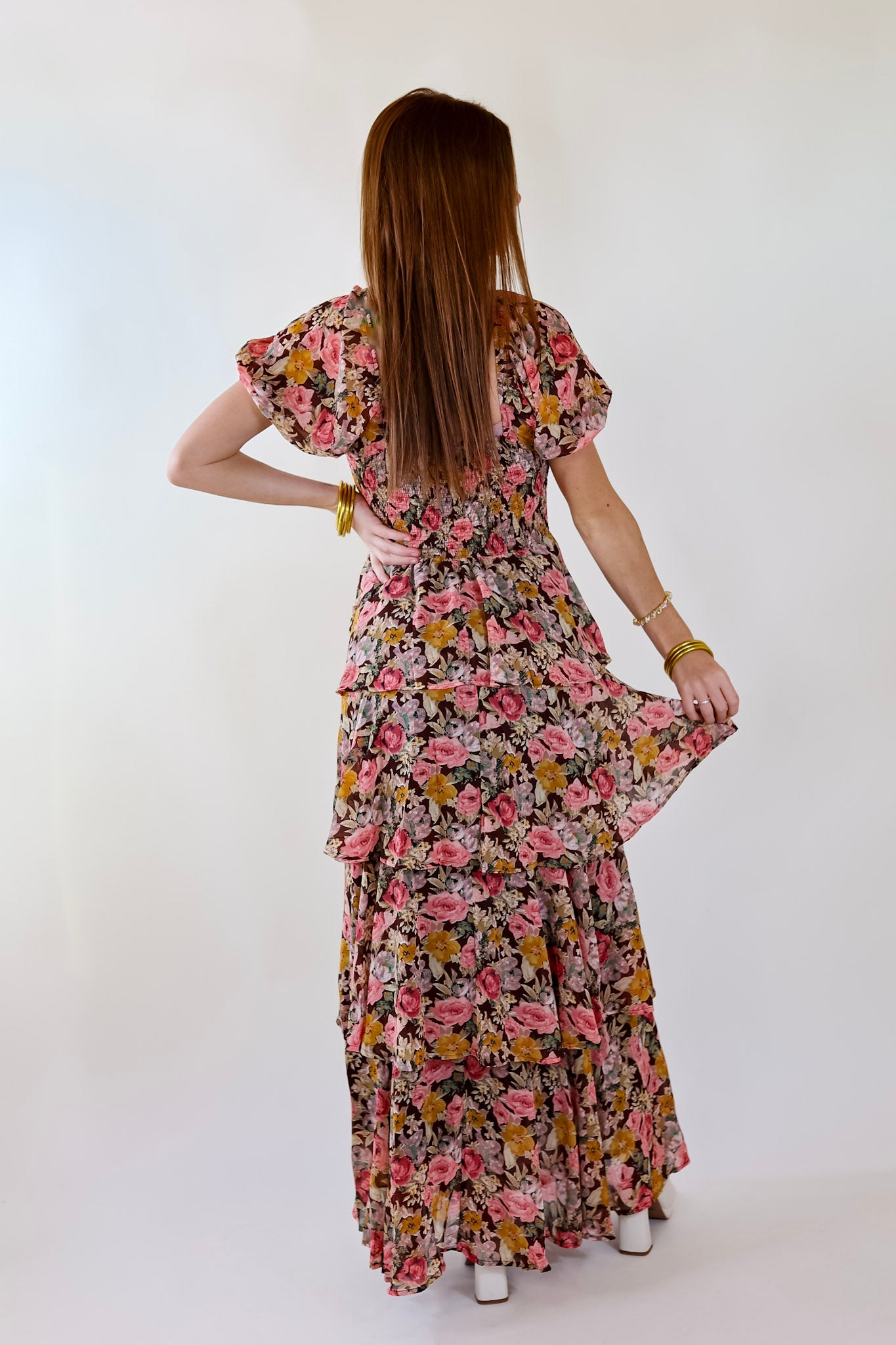 Fun Feeling Floral Tiered Maxi Dress with Smocked Balloon Sleeves in Brown Mix - Giddy Up Glamour Boutique