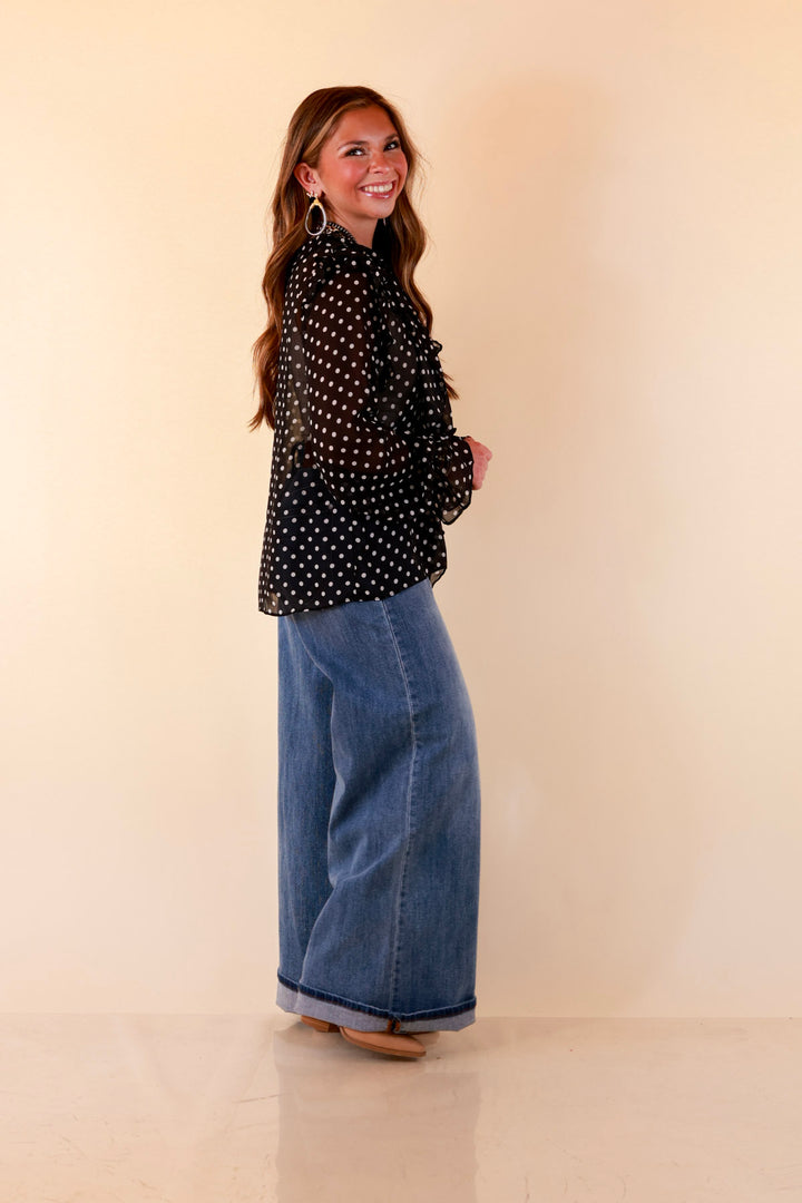Finer Things Long Sleeve Sheer Ruffle Polka Dot Print Blouse with Balloon Sleeves in Black with White Dots