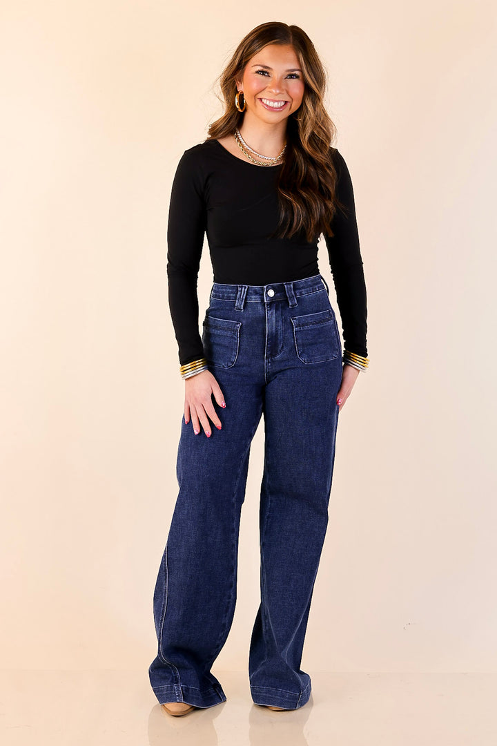 Judy Blue | Front and Center Front Patch Pocket Retro Wide Leg Trouser Jean in Dark Wash