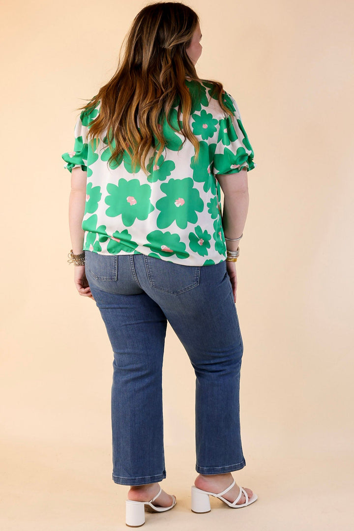Divine Design Floral Blouse With Puffed Sleeve and Ruffle Neckline in Green