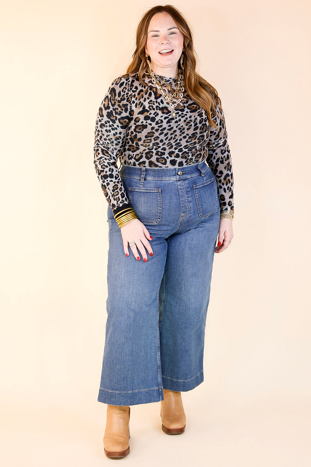 Try Your Luck Mesh Long Sleeve Print Bodysuit with Cream Background in Leopard Print