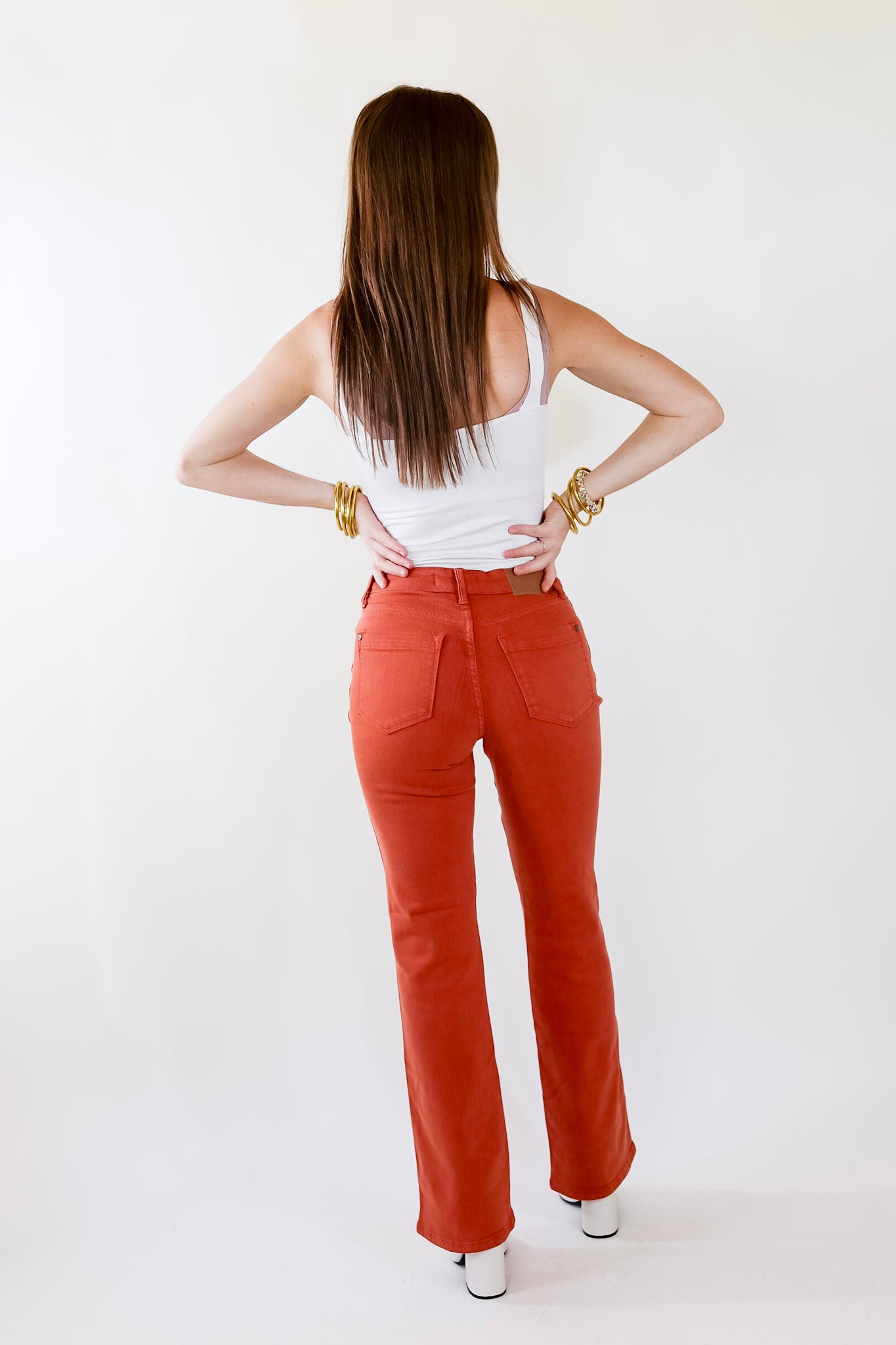 Judy Blue | Fall Crush Slim Boot Cut Jeans in Rust Orange - Giddy Up Glamour Boutique