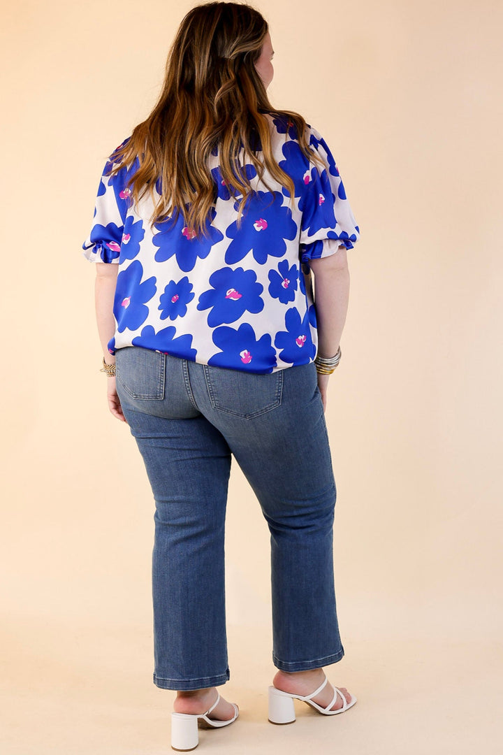 Divine Design Floral Blouse With Puffed Sleeve and Ruffle Neckline in Cobalt Blue