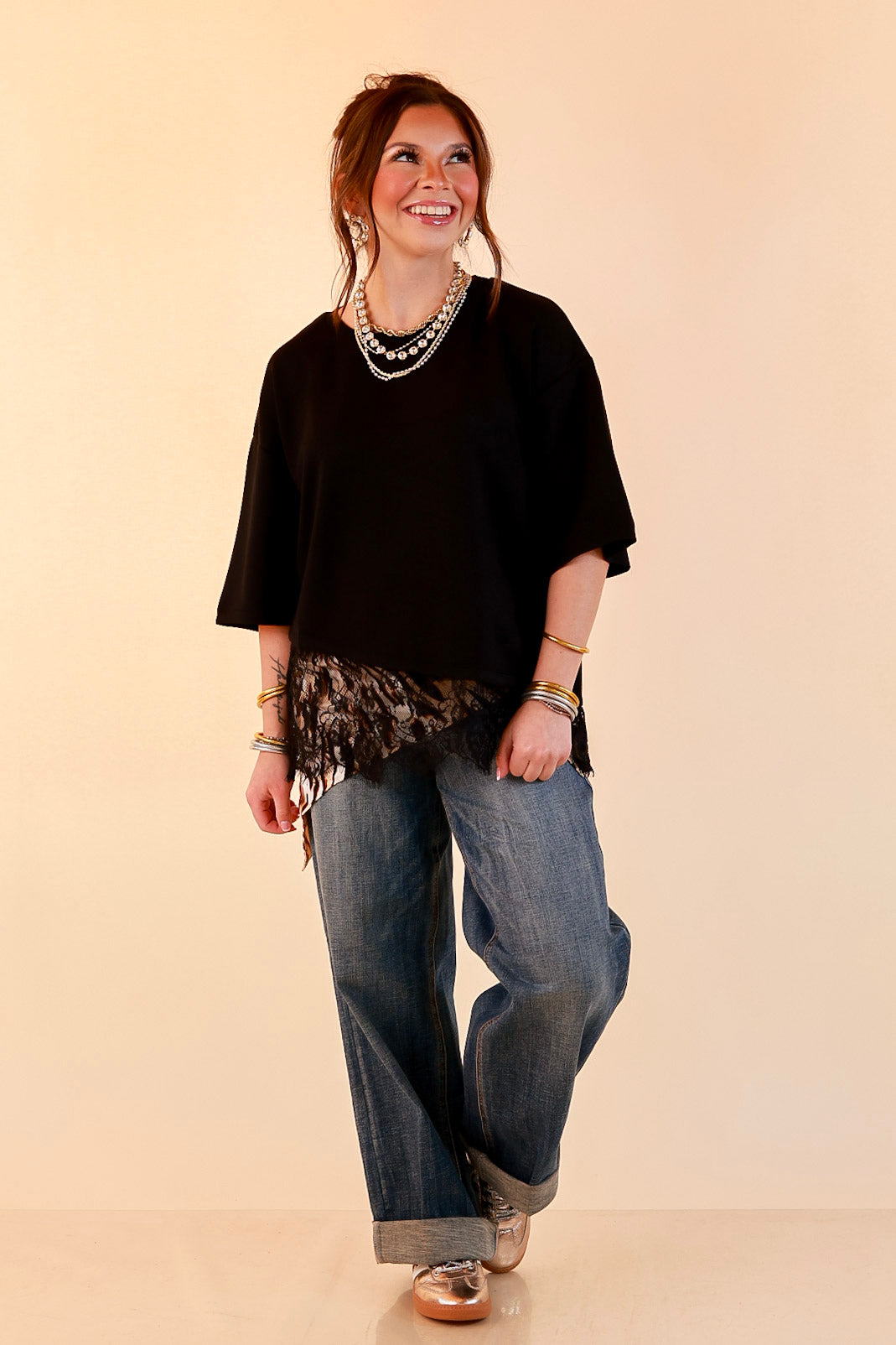 Laced with Charm Oversized Asymmetrical Lace Trim Boxy Top in Black