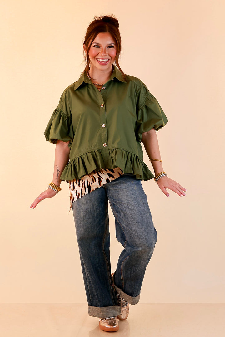 Style in Session Solid Button Down Peplum Bubble Sleeve Top in Olive Green