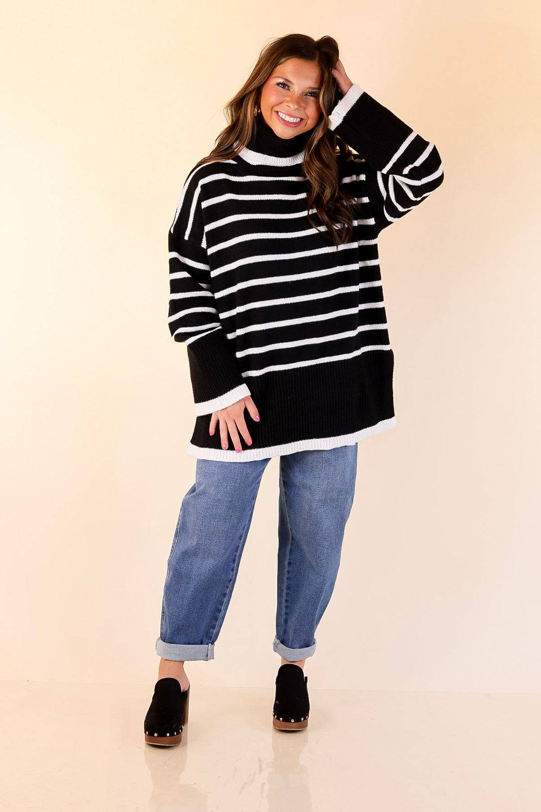 Mud Pie | Dunn Turtleneck Sweater with White Stripes in Black