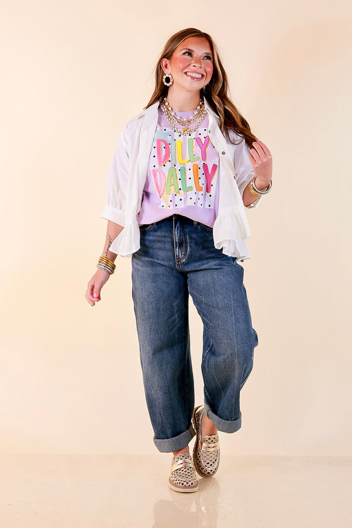 Here for the Fun "Dilly Dally" Stripe, Star and Polka Dot Print Short Sleeve Graphic Tee in Lavender Purple