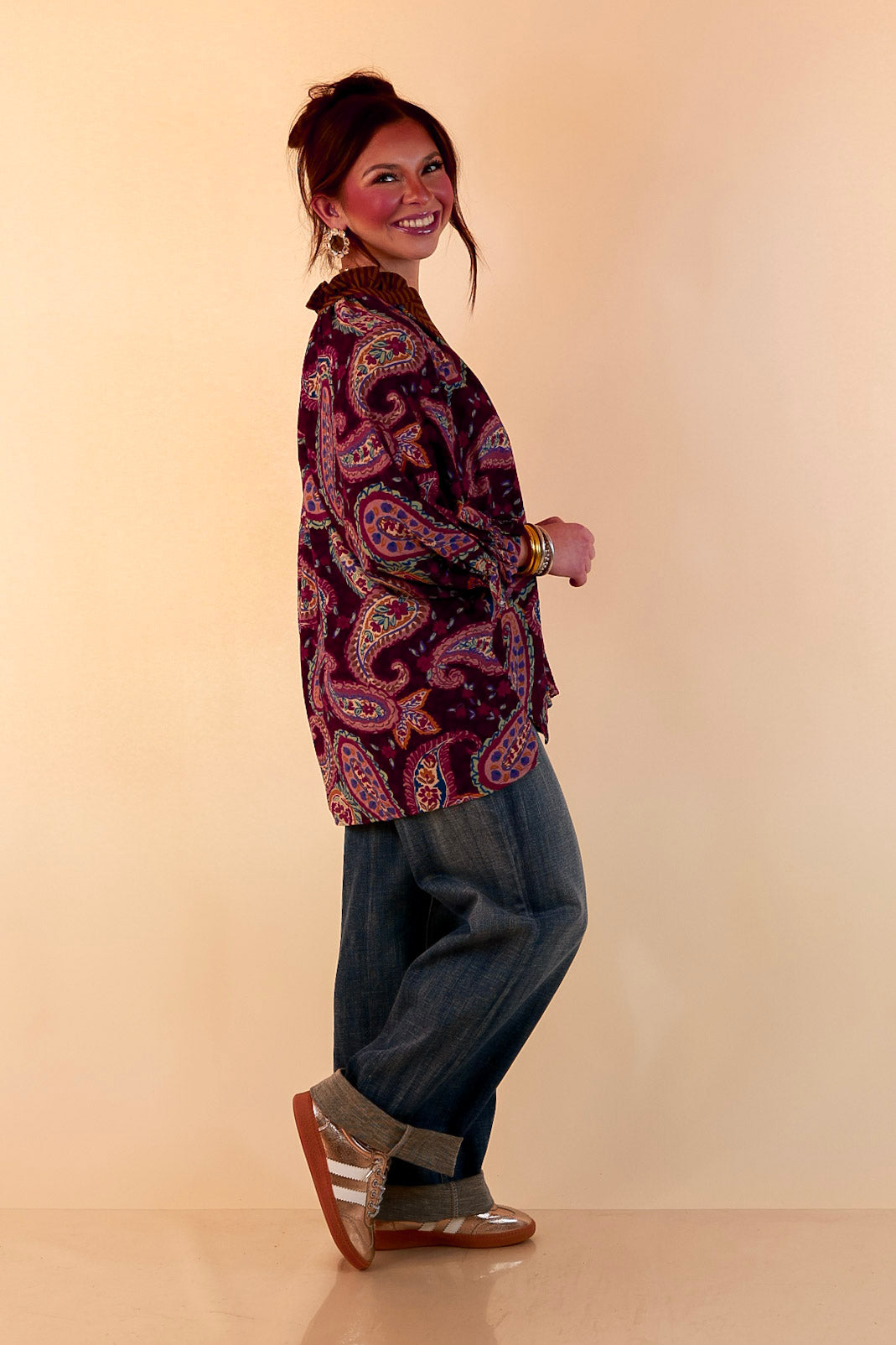 Caught My Eye Ruffle Contrast Stripe Detail Neck Balloon Sleeve Paisley Print Blouse in Plum Purple Mix