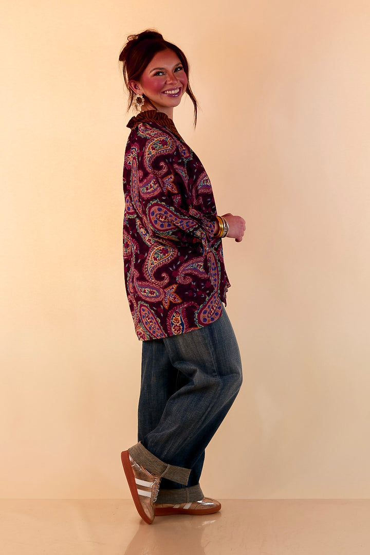 Caught My Eye Ruffle Contrast Stripe Detail Neck Balloon Sleeve Paisley Print Blouse in Plum Purple Mix