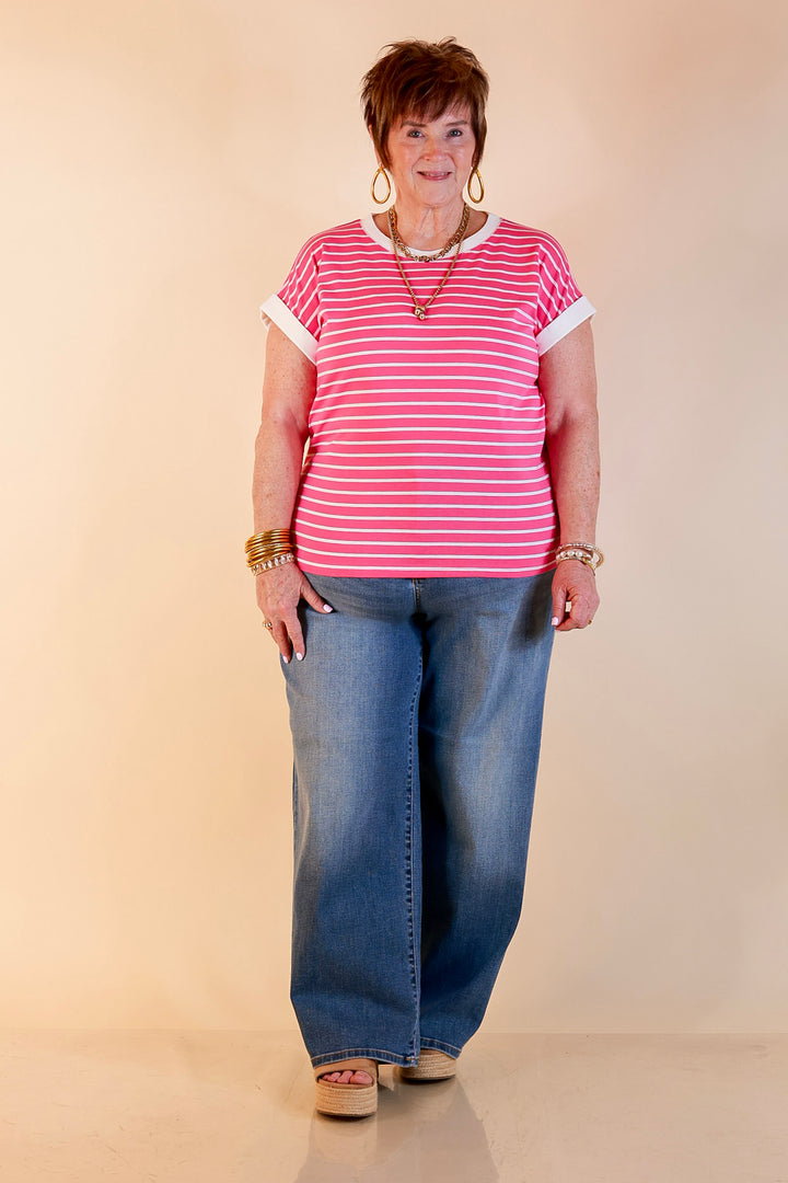Right on Repeat Scoop Neck Cap Sleeve with Contrast Trim Striped Tee Top in Fuchsia Pink