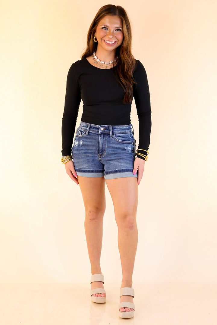 Judy Blue | Hidden Twist Denim Dad Distressed Shorts with Phone Pocket in Dark Wash