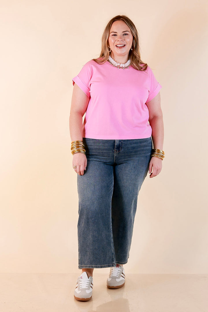 Easy Chic Mineral Washed Short Sleeve Cropped Tee in Candy Pink