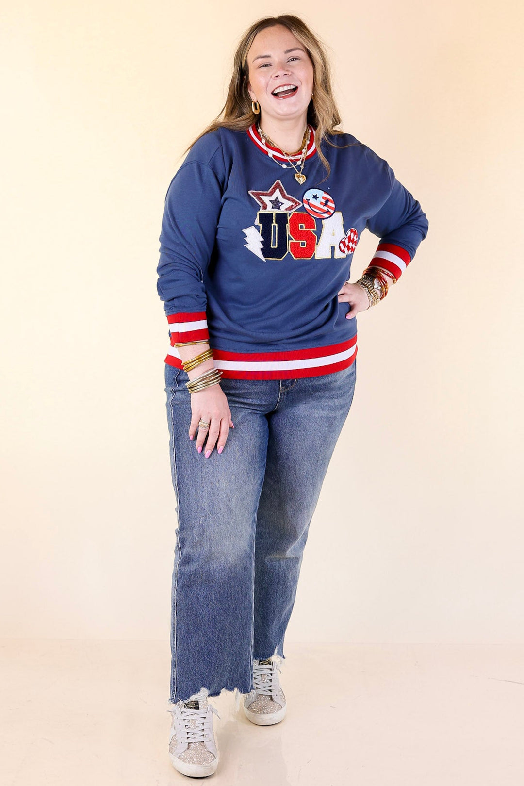 Simply Southern | Shining in the USA Crew Neck Patch Graphic Sweatshirt in Navy Blue