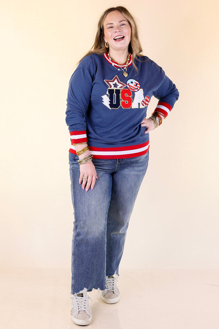 Simply Southern | Shining in the USA Crew Neck Patch Graphic Sweatshirt in Navy Blue