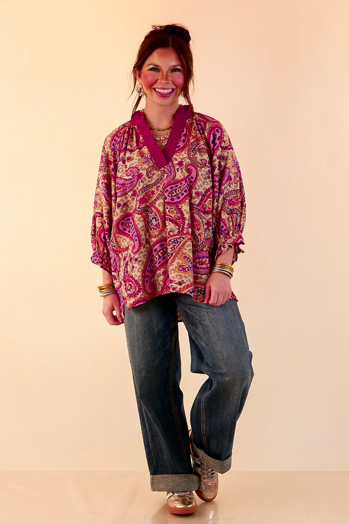 Caught My Eye Ruffle Contrast Stripe Detail Neck Balloon Sleeve Paisley Print Blouse in Fuchsia Pink Multi