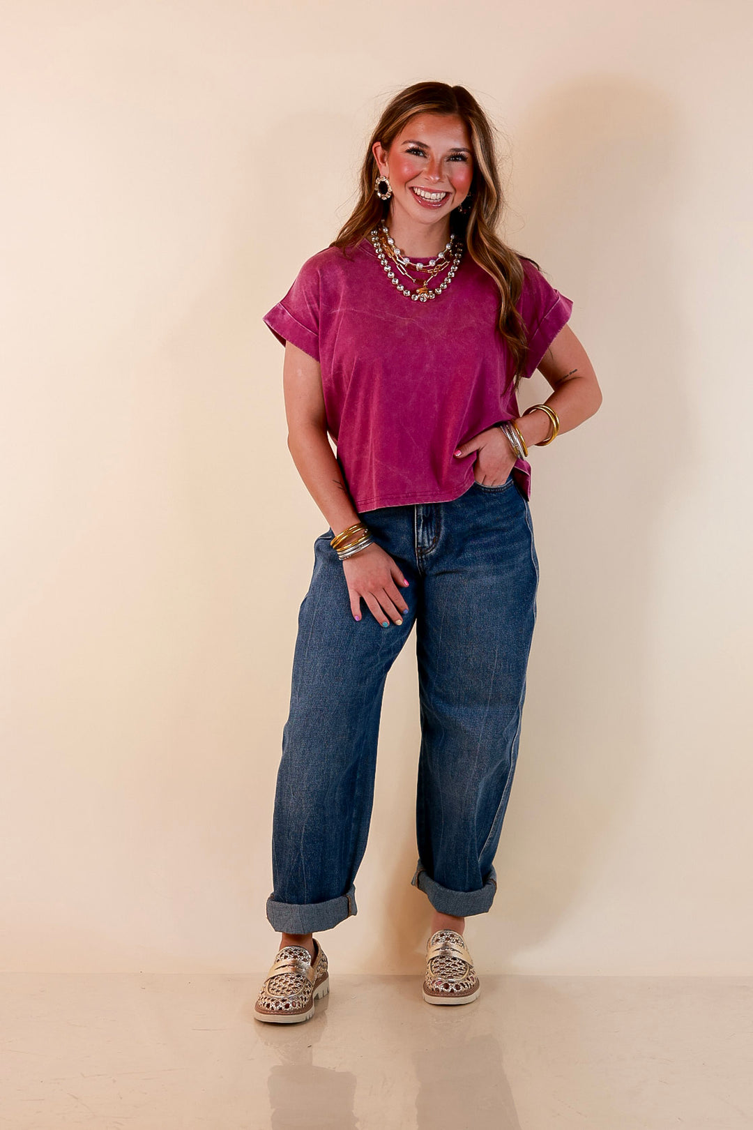 Easy Chic Mineral Washed Short Sleeve Cropped Tee in Plum Purple