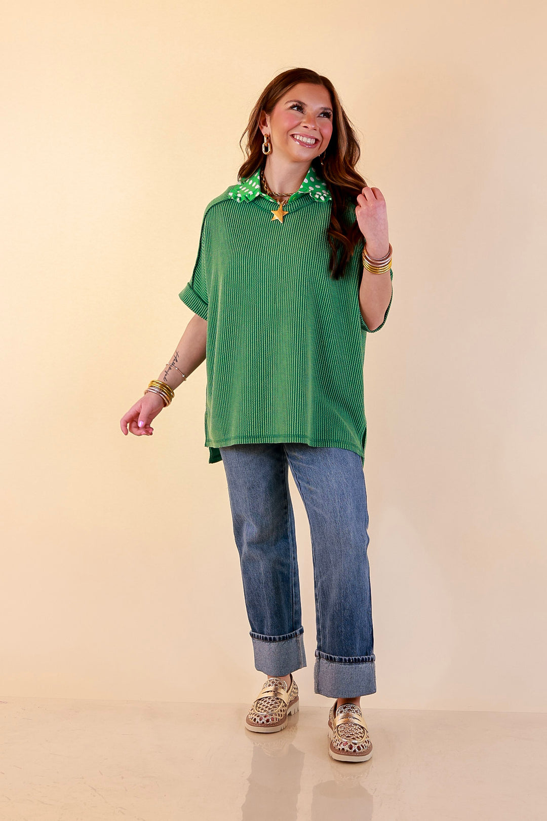 Daily Perfection Scoop Neck Short Sleeve Ribbed Top in Green
