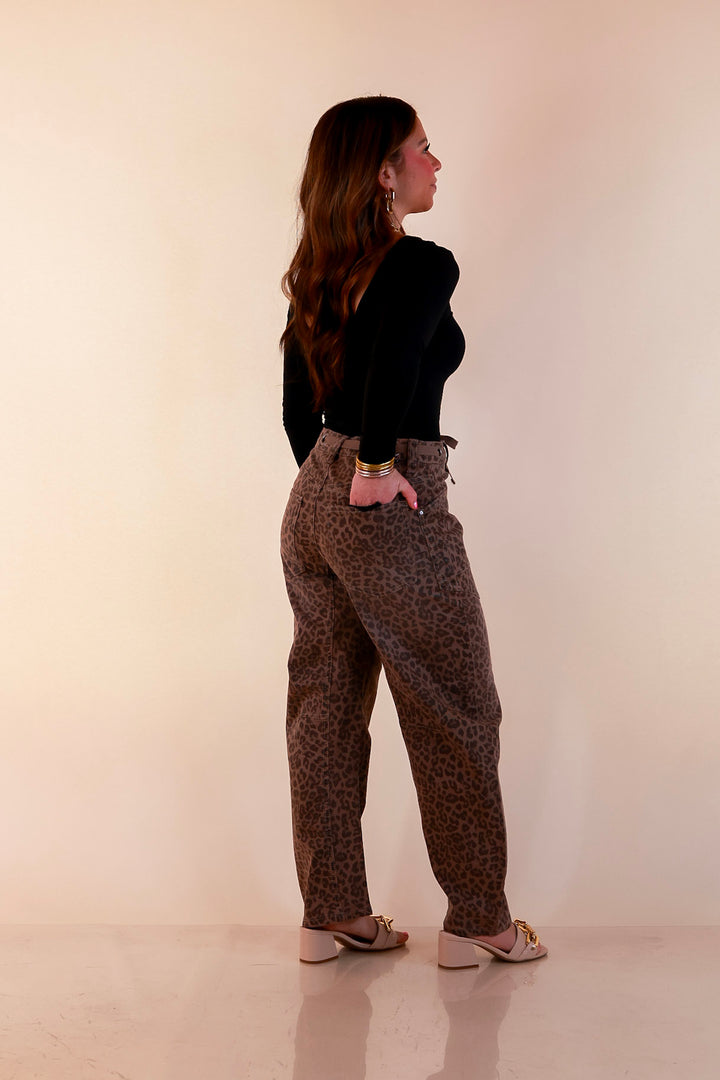 Risen | Easy Statement Leopard Print Drawstring Denim Barrel Jeans in Brown