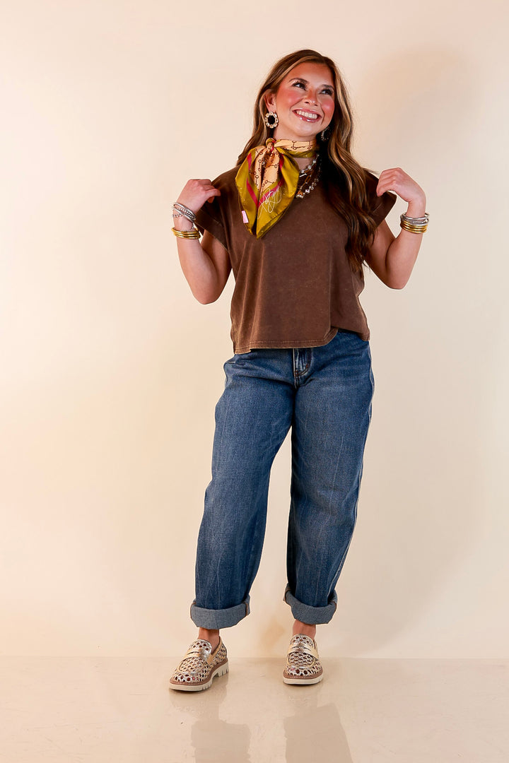 Easy Chic Mineral Washed Short Sleeve Cropped Tee in Chocolate Brown