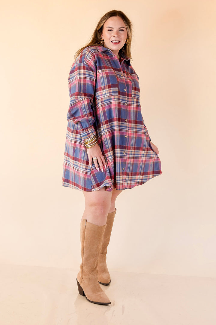 Vibrant Lifestyle Plaid Button Up Dress in Dusty Blue and Pink