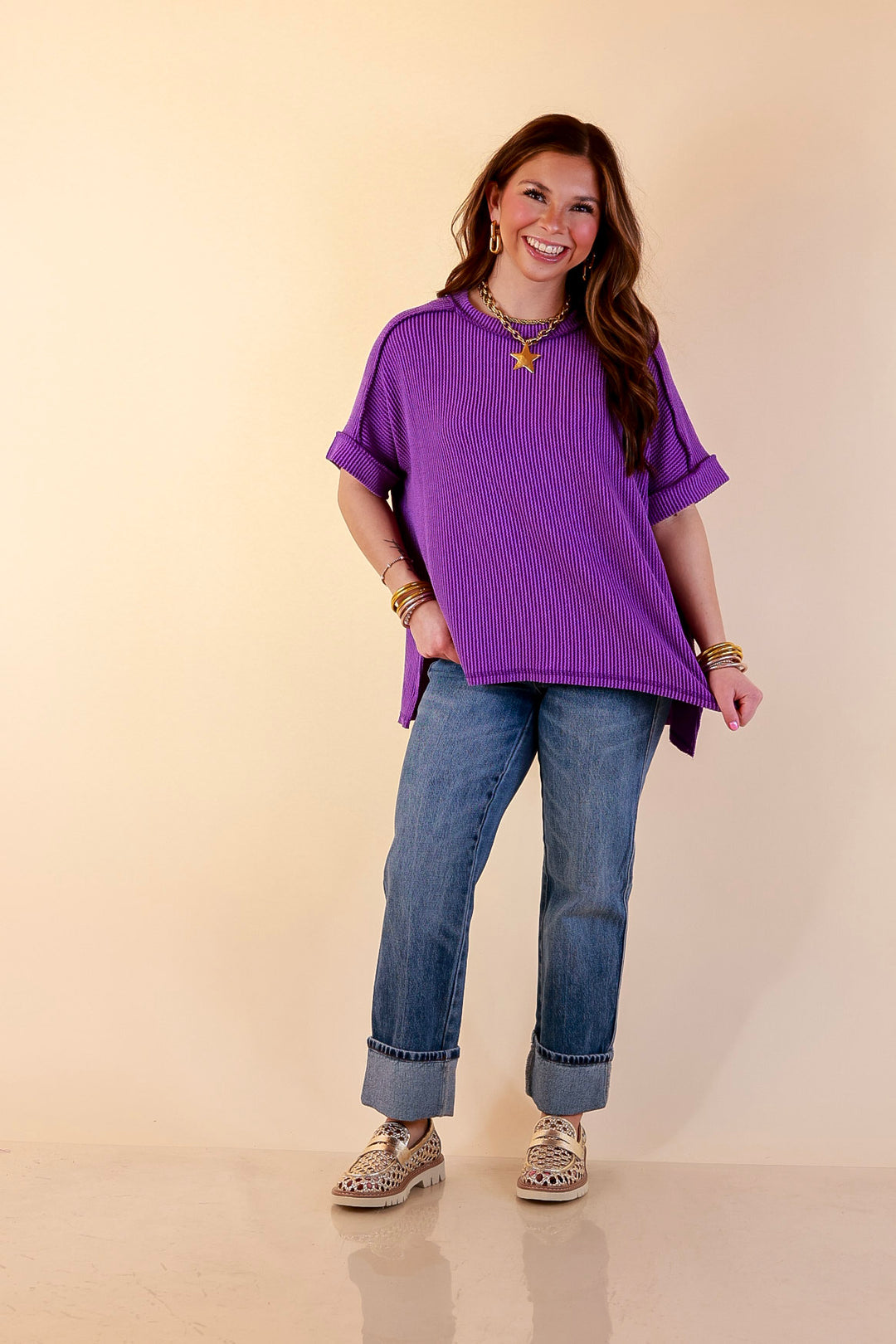 Daily Perfection Scoop Neck Short Sleeve Ribbed Top in Dark Purple