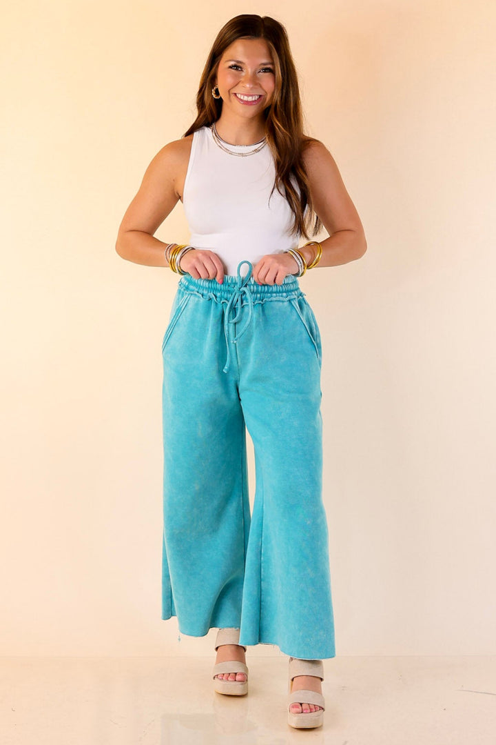 Cozy Girl Cropped Acid Washed Drawstring Pant in Turquoise Blue
