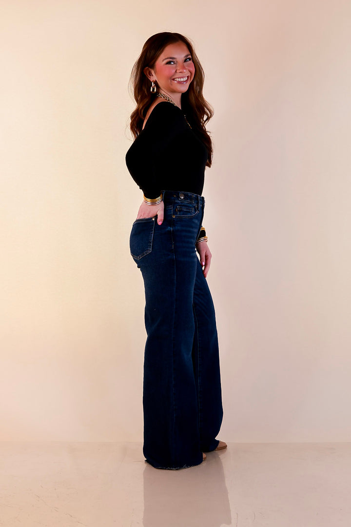 Judy Blue | Core Confidence Retro Wide Leg with Raw Hem and Adjustable Waist in Dark Wash