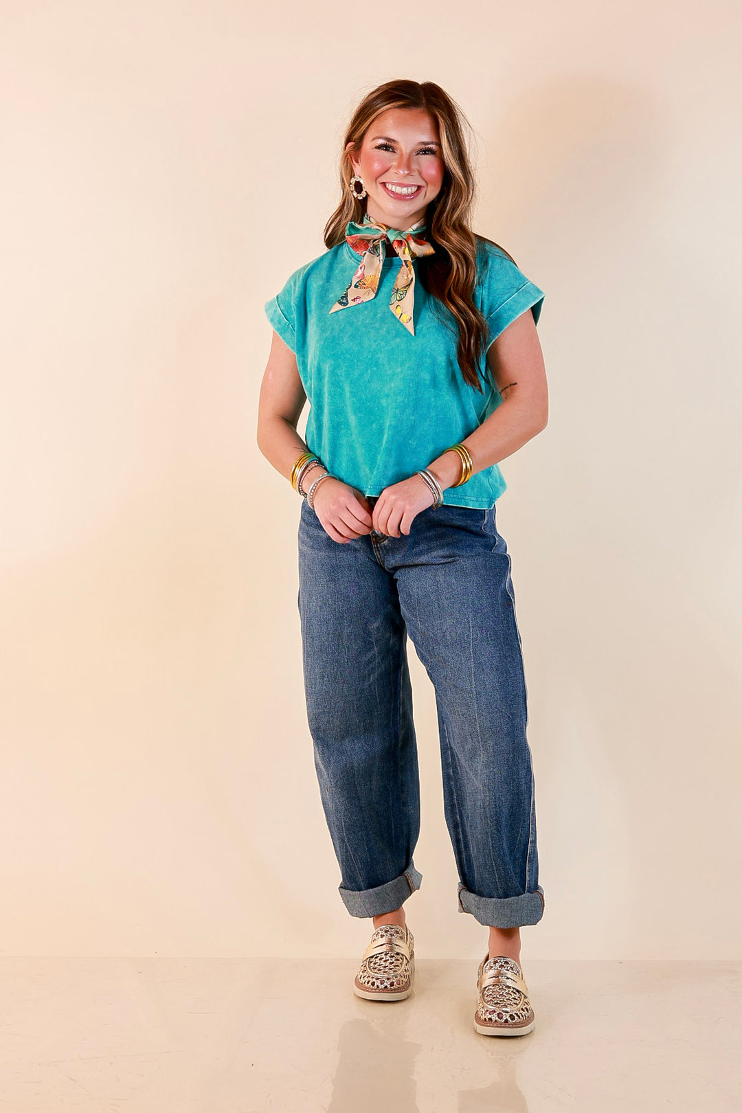 Easy Chic Mineral Washed Short Sleeve Cropped Tee in Teal Blue