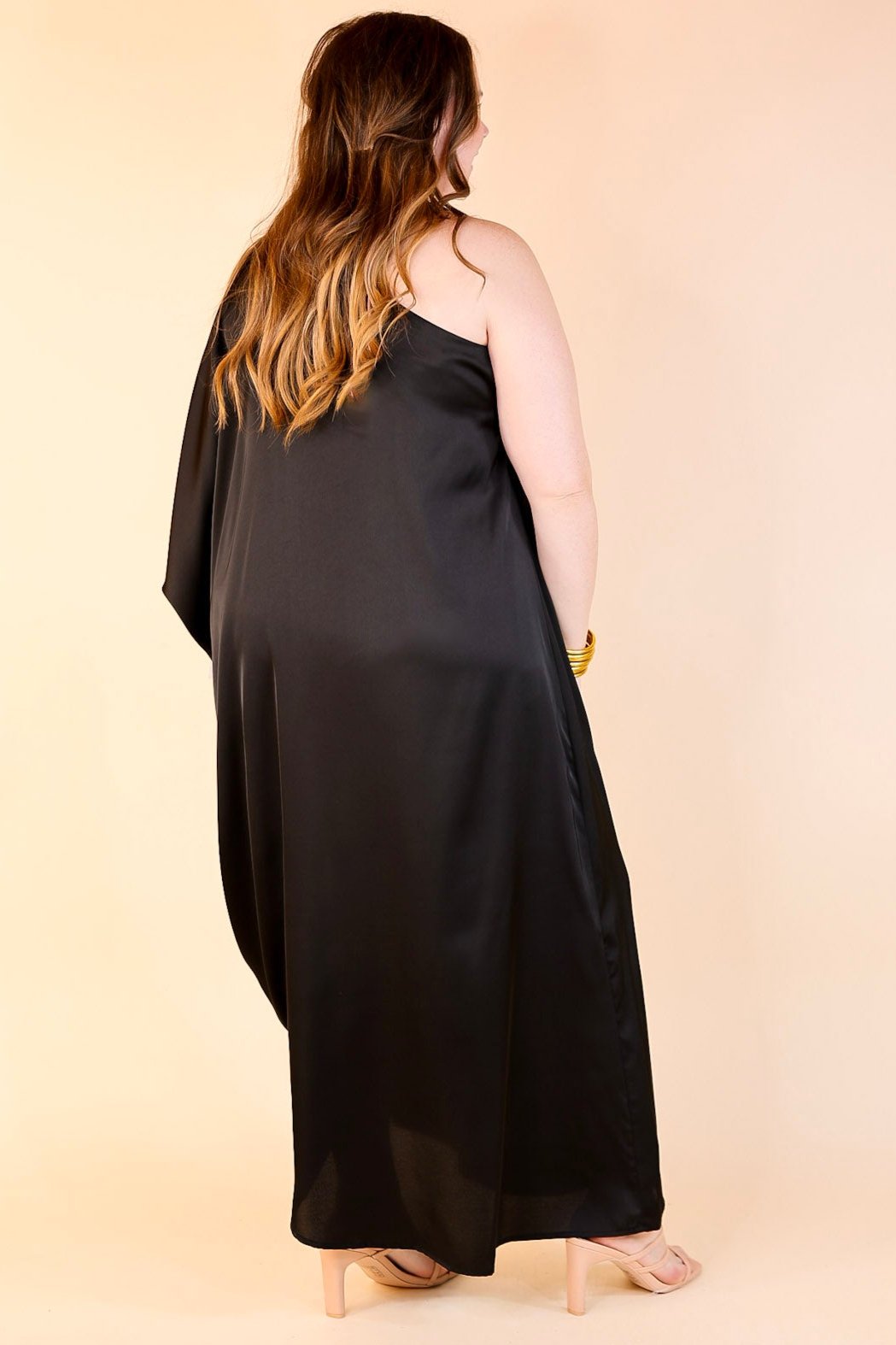 Sweet Romance One Shoulder Satin Drape Midi Dress in Black