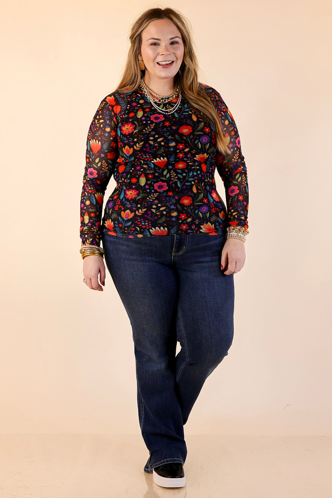 The Perfect Layer Colorful Floral Fiesta Print Mesh Long Sleeve Top in Black