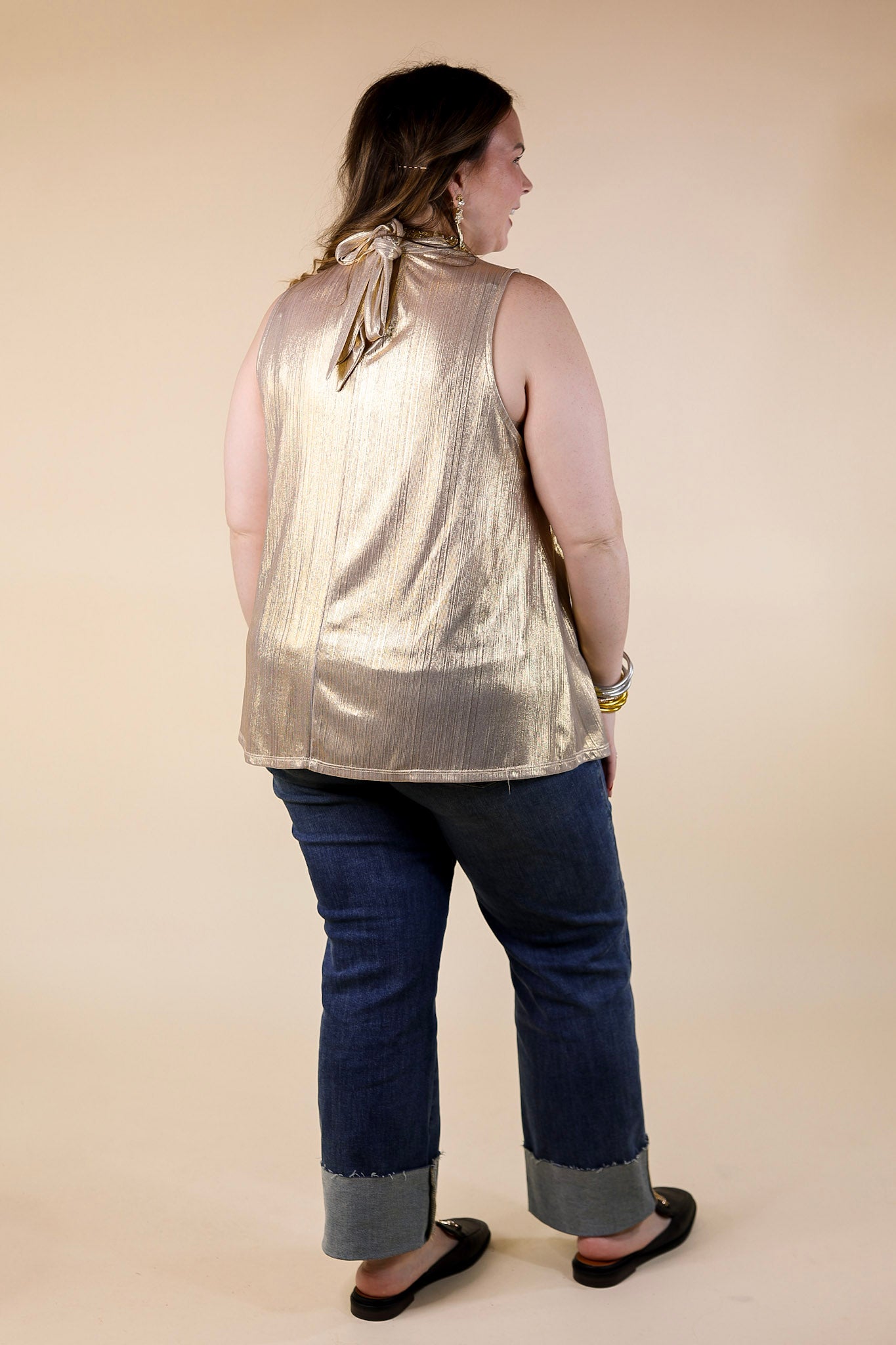 Extra Magic Mock Neck Metallic Tank Top with Tie Back in Gold