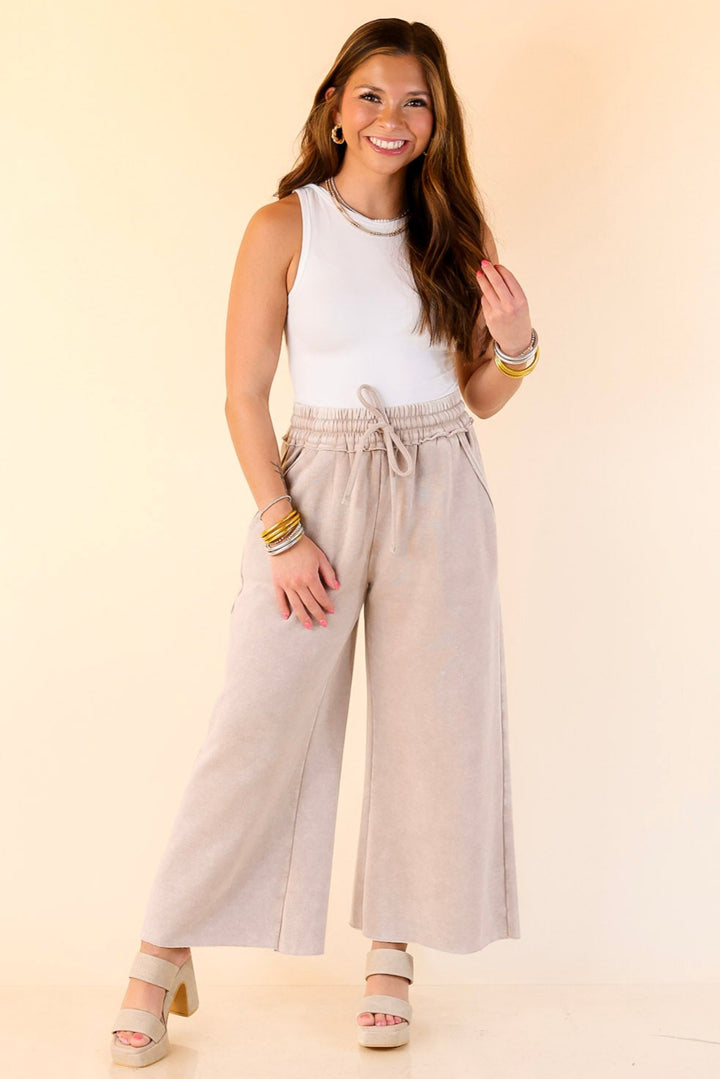 Cozy Girl Cropped Acid Washed Drawstring Pant in Mocha Cream