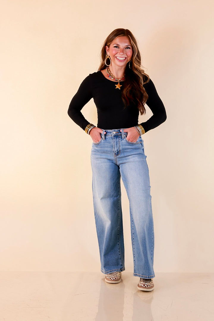 Judy Blue | Blue Skies Ahead Ankle Length Cropped Wide Leg Claudia Denim Jeans in Medium Blue Wash