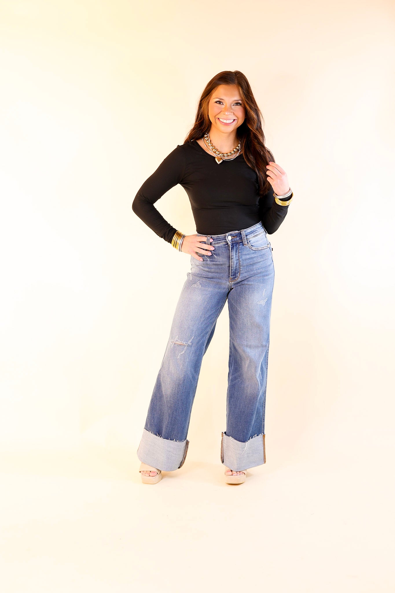 Judy Blue | Ready for Anything High Waisted Retro Wide Leg Jean with Cuff in Medium Wash