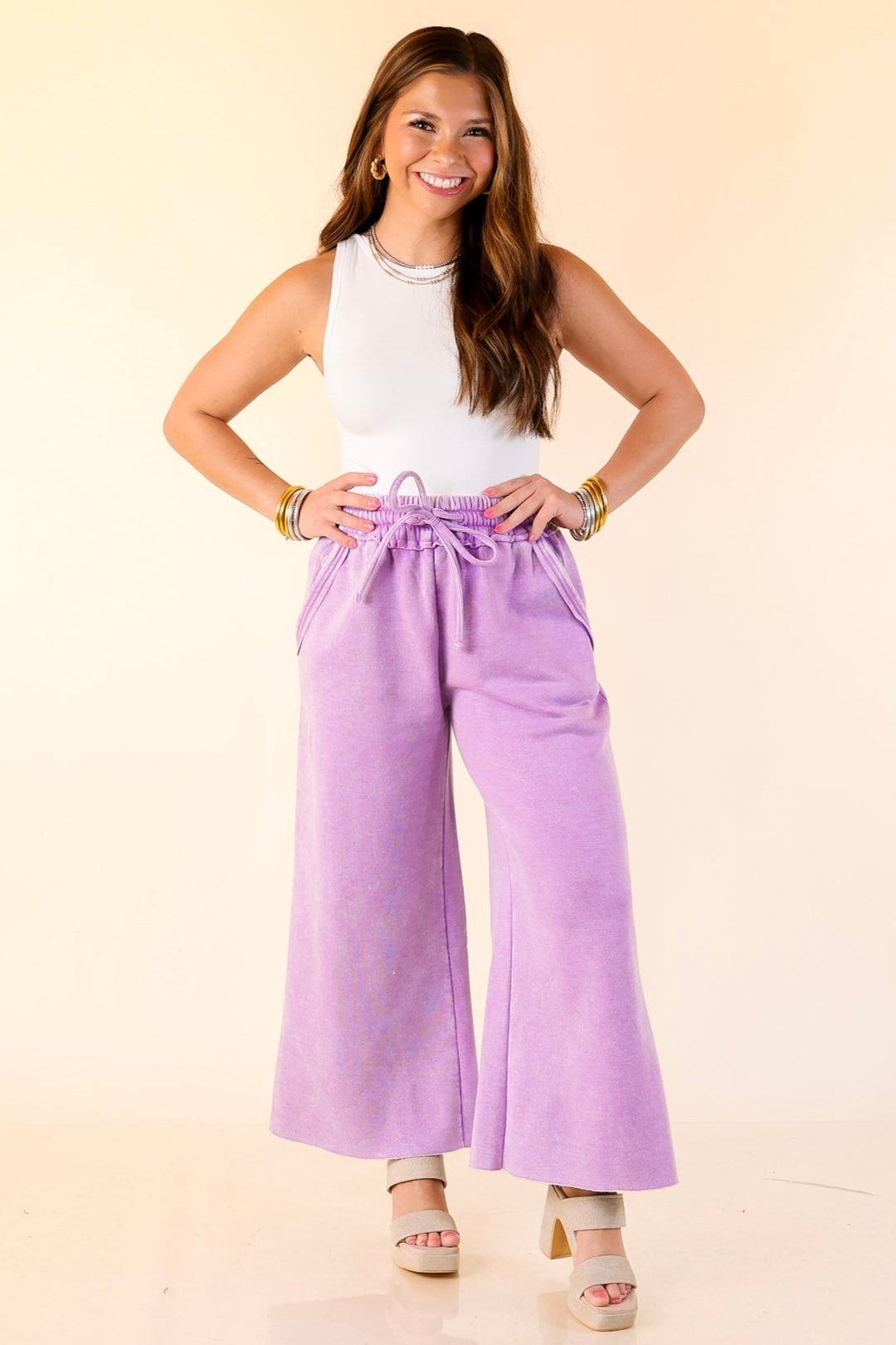 Cozy Girl Cropped Acid Washed Drawstring Pant in Lavender Purple