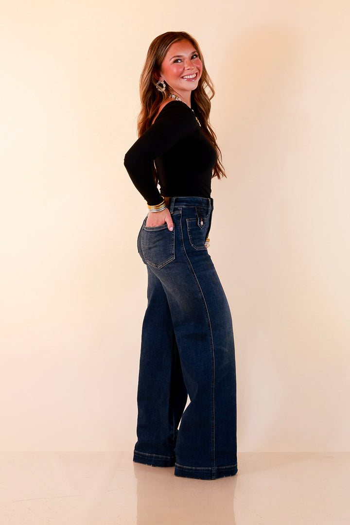 Judy Blue | Classic Companion Luxe Retro Wide Leg Jeans with Front Patch Pockets in Dark Indigo Wash