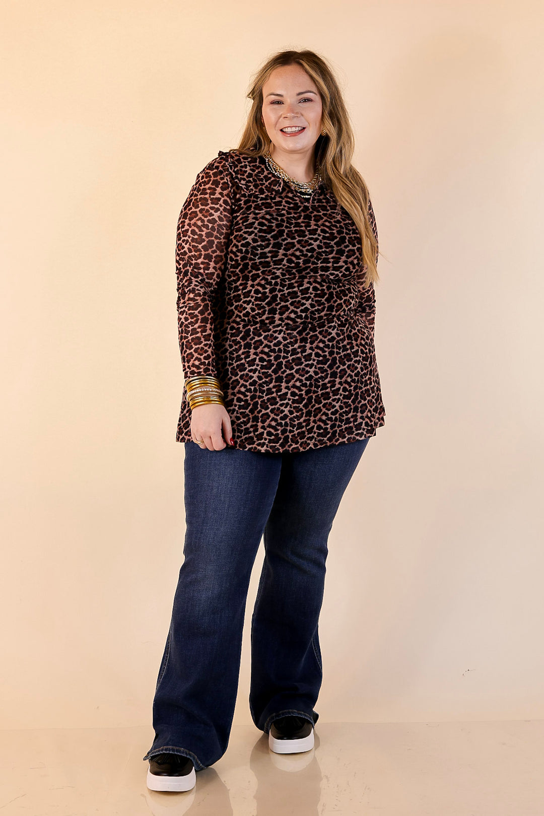 Pretty and Poised Mesh Top with Ruffle Peter Pan Collar in Leopard Print