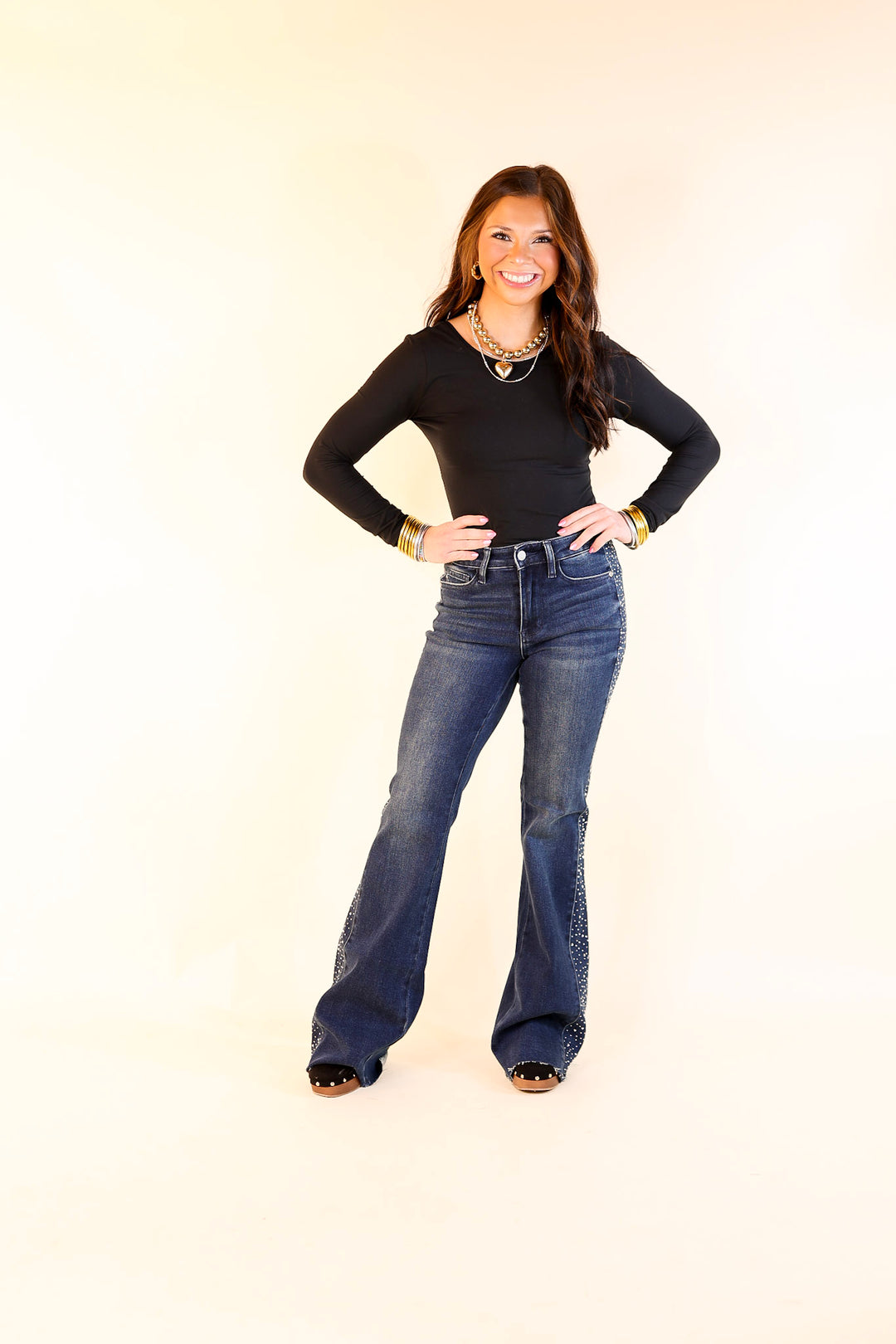 Judy Blue | Dazzling Denim Flare Jean with Rhinestone Side Panel Detail in Dark Wash