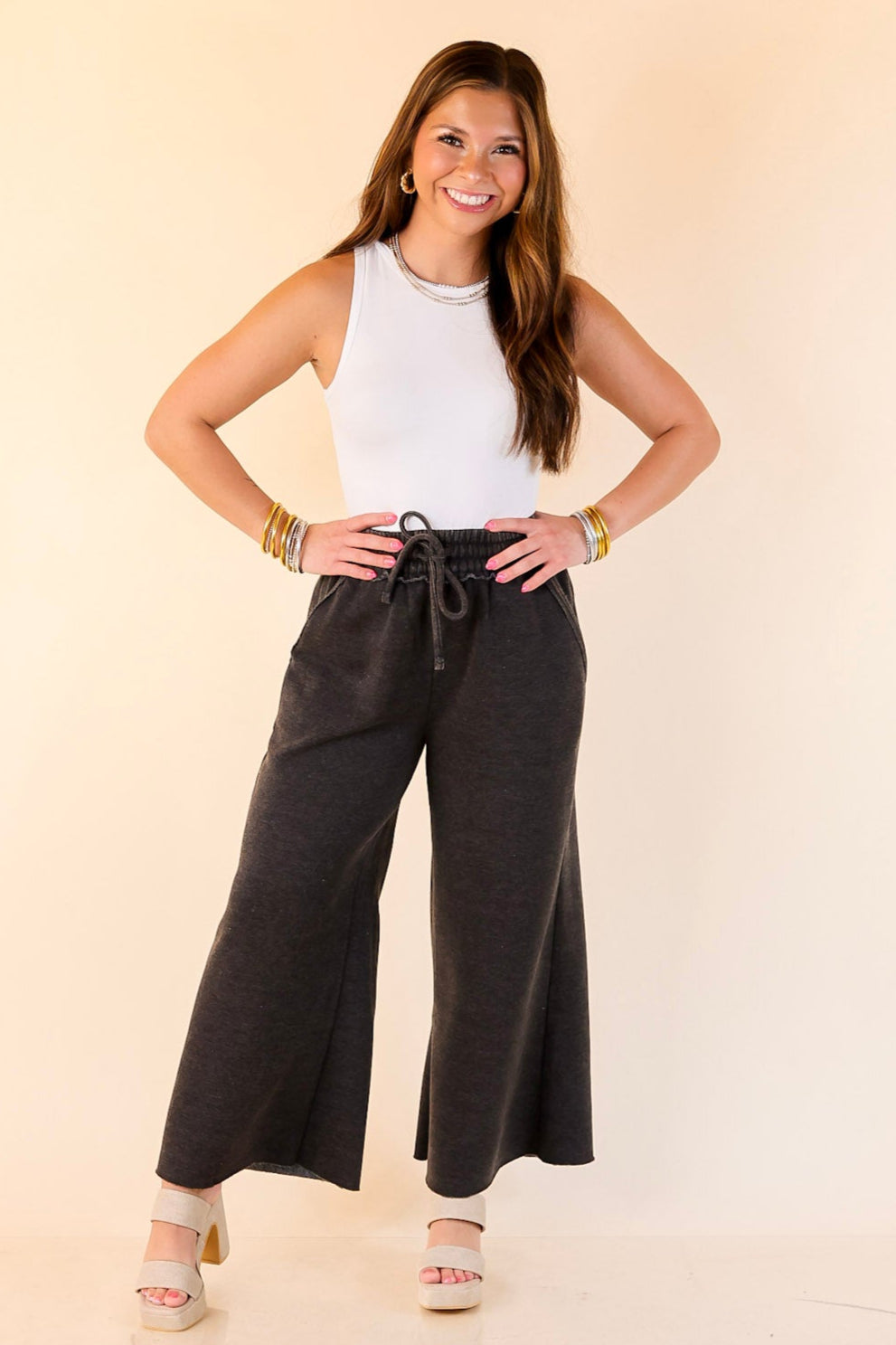 Cozy Girl Cropped Acid Washed Drawstring Pant in Black