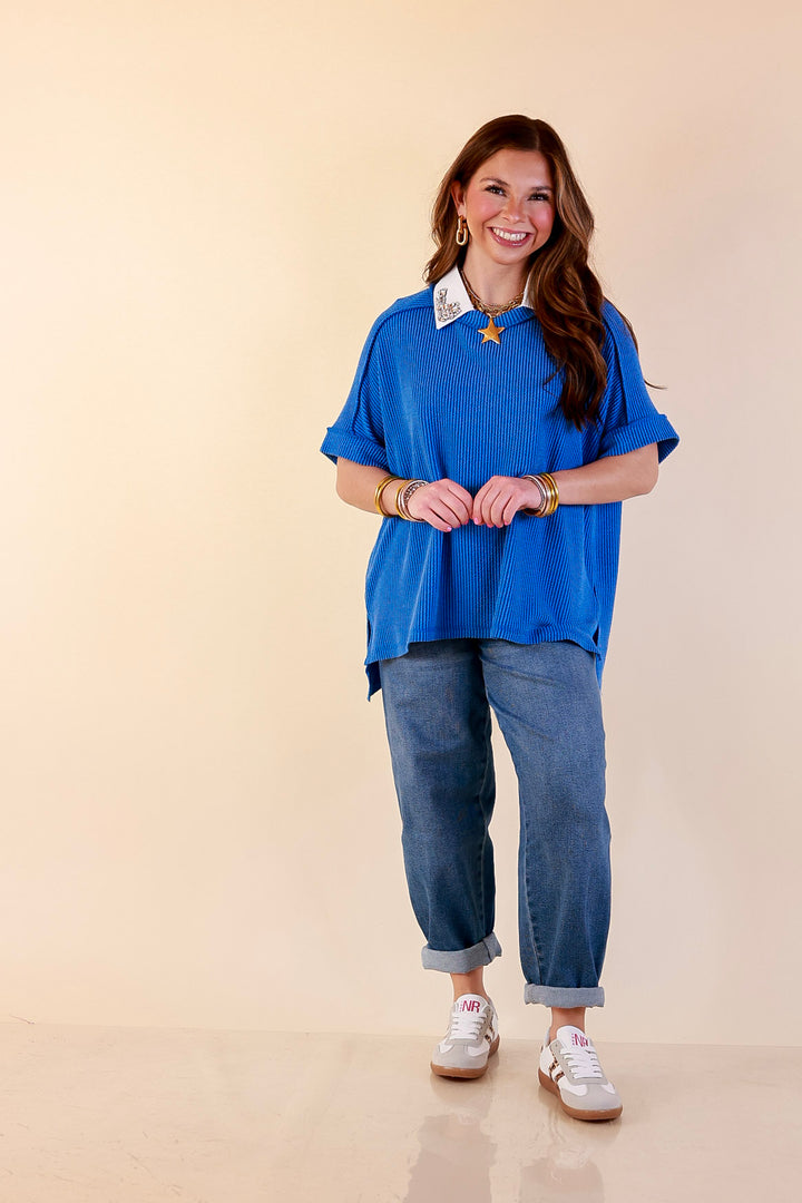 Daily Perfection Scoop Neck Short Sleeve Ribbed Top in Ocean Blue