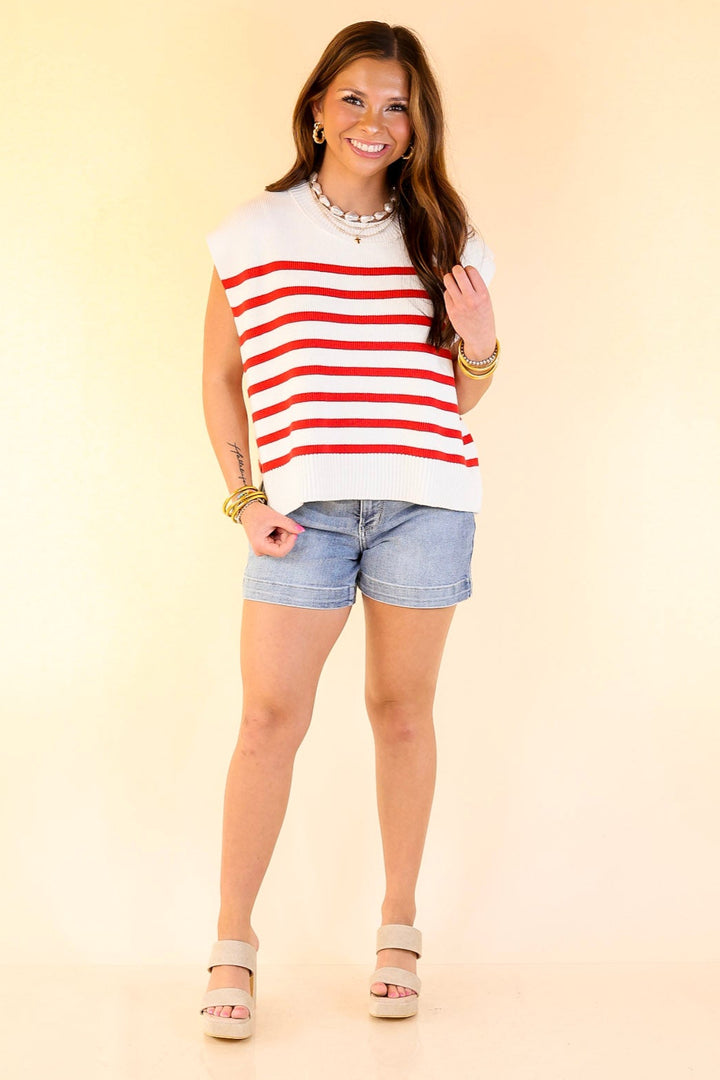 Stripe Things Up Drop Shoulder Knit Sweater in White with Red Stripes