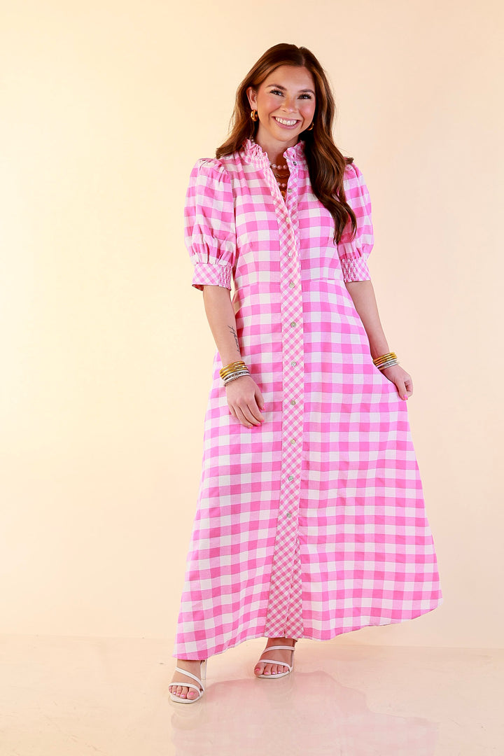Last Chance Size Medium | Spring Awakening Gingham Print Midi Dress with Puff Sleeves and Checkered Trim in Pink