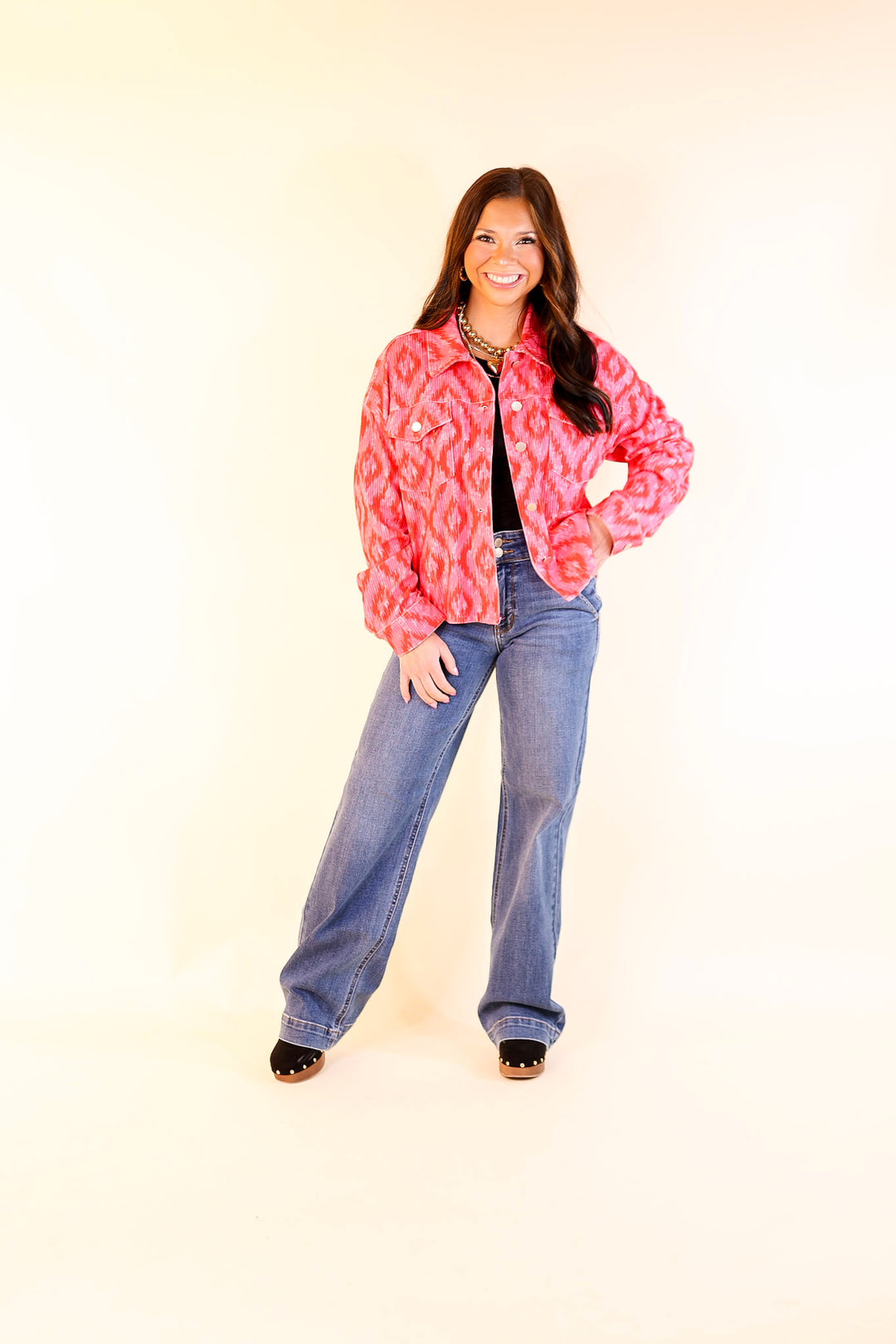 New In Town Mosaic Print Corduroy Jacket in Pink and Red