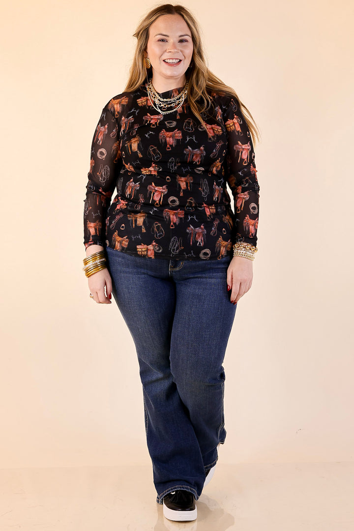 Sheer Confidence Western Saddle and Bits Icons Mesh Long Sleeve Top in Black