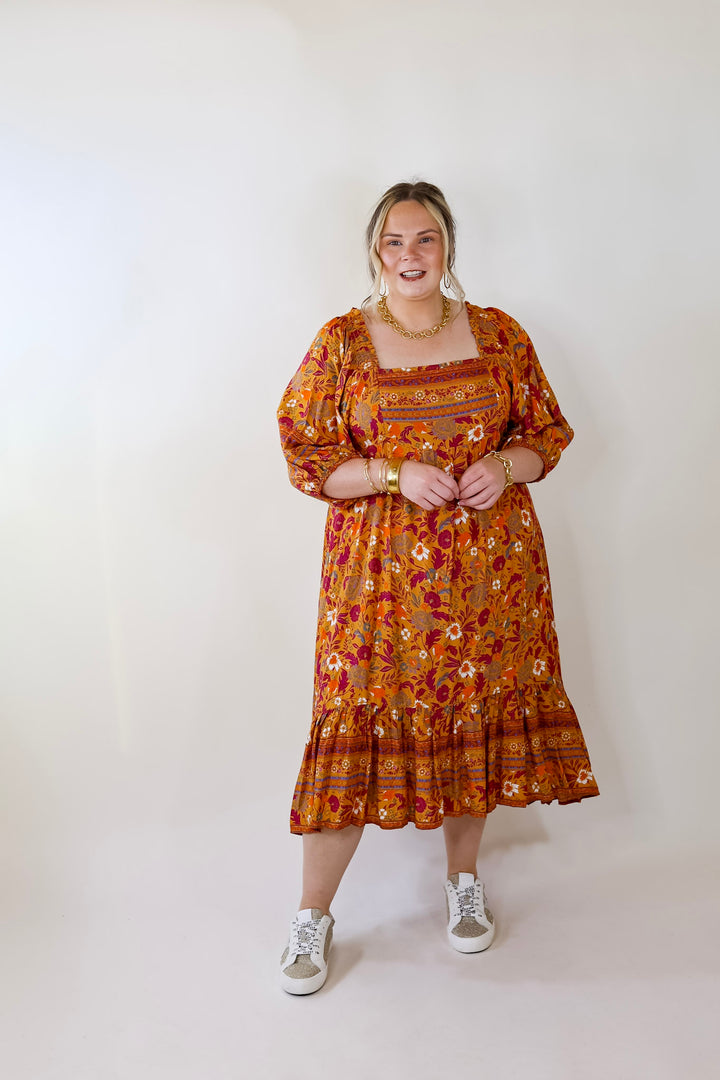 Autumn Daze Floral Print Square Neck Midi Dress in Mustard Yellow - Giddy Up Glamour Boutique