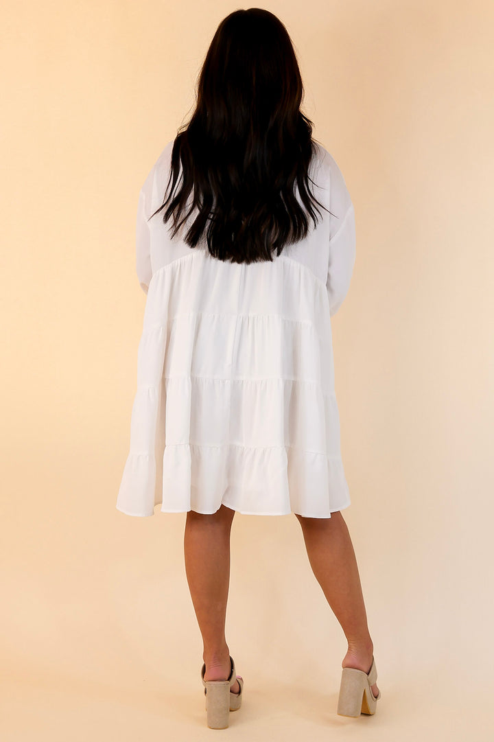 Risky Business Button Up Babydoll Dress in White