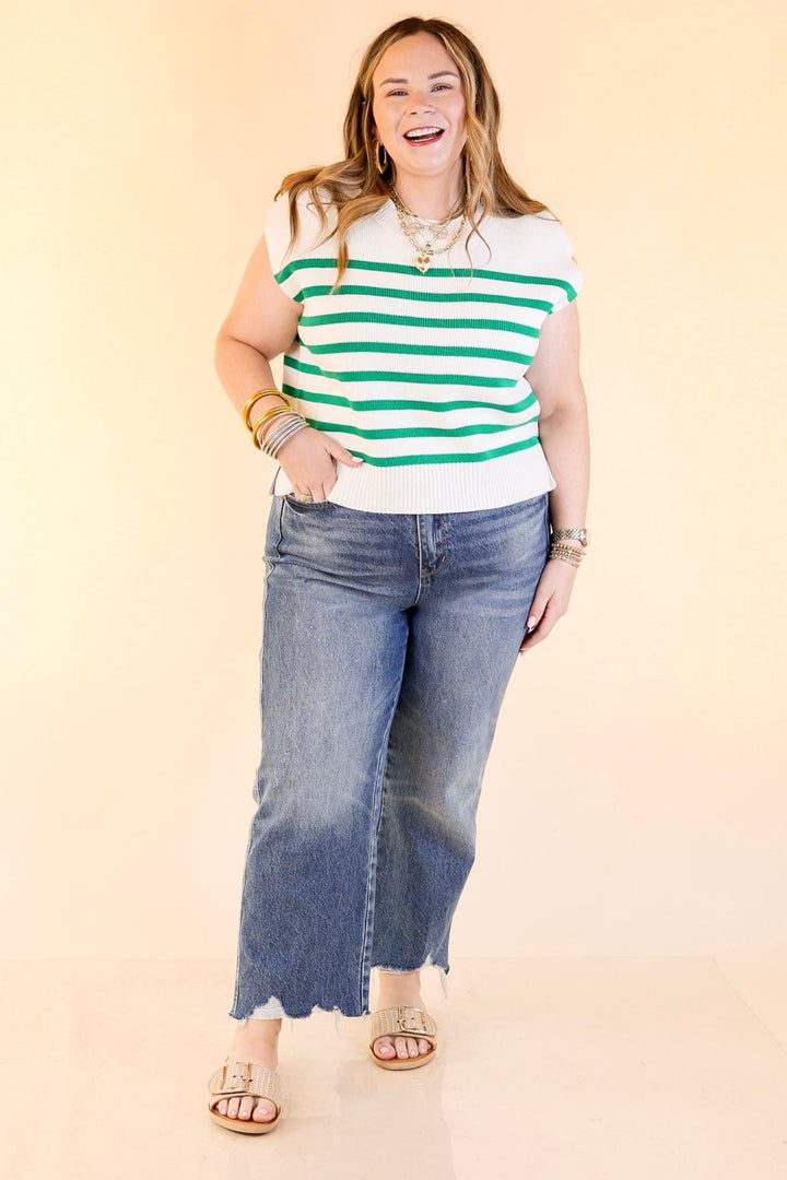 Stripe Things Up Drop Shoulder Knit Sweater in White with Kelly Green Stripes